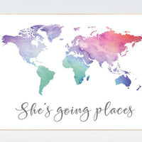 She's going places, World Map poster, world map wall art, nursery wall art, she's going places, pink purple, mint, grey, nursery decor girls