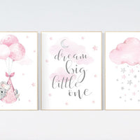 Nursery decor girl elephant, baby room decor girl, nursery wall art elephant, pink gray, nursery prints elephants, dream big little one
