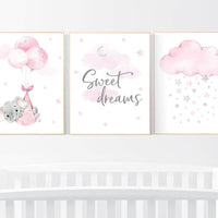 Nursery decor sweet dreams, Nursery decor girl elephant, baby room decor girl, nursery wall art elephant, pink gray, nursery prints elephant