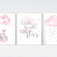 Nursery decor elephant, baby room decor girl, nursery wall art elephant, pink gray, nursery prints elephant, twinkle twinkle little star