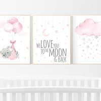 Nursery wall art girl, nursery prints elephant, pink gray, we love you to the moon and back, baby girl nursery, girl nursery ideas, moon