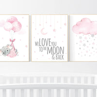 Nursery decor elephant, baby room decor girl, nursery wall art elephant, pink gray, nursery prints elephant we love you to the moon and back