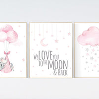 Nursery wall art girl, nursery prints elephant, pink gray, we love you to the moon and back, baby girl nursery, girl nursery ideas, moon