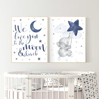 Nursery decor boy elephant, nursery wall art elephant, baby room decor boy, moon and stars, we love you to the moon and back, navy blue