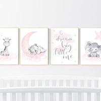 Animal prints, Nursery decor girl, elephant, bear, giraffe, animal nursery, bear nursery, pink gray, woodland animals, dream big little one