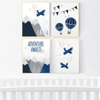 Mountain wall art nursery, nursery decor boy prints, adventure awaits, adventure nursery decor, navy blue nursery, plane nursery decor