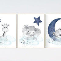 Nursery decor elephant and giraffe, animal nursery prints, navy nursery, navy teal nursery, baby room wall art, woodland animal prints