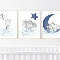 Nursery decor elephant and giraffe, animal nursery prints, navy nursery, navy teal nursery, baby room wall art, woodland animal prints