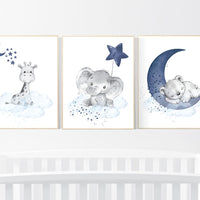 Nursery decor elephant and giraffe, animal nursery prints, navy nursery, navy blue nursery, baby room wall art, woodland animal prints