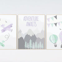 Nursery decor girl mountain, purple, adventure nursery, nursery decor travel theme, world map mountain nursery, purple mint grey, girl room