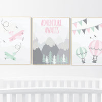 Nursery decor girl mountain, adventure nursery, nursery decor travel theme, world map mountain nursery, pink mint grey, girl room decor