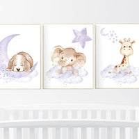 Purple nursery wall art, animal nursery, elephant, giraffe, puppy, woodland animals, lilac nursery decor, lavender, girl nursery, moon stars