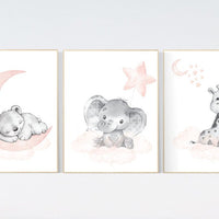 nursery decor girl blush gray, Animal nursery, nursery decor girl woodland animals, teddy bear, elephant, giraffe, baby girl nursery prints