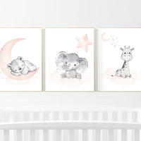 nursery decor girl blush gray, Animal nursery, nursery decor girl woodland animals, teddy bear, elephant, giraffe, baby girl nursery prints