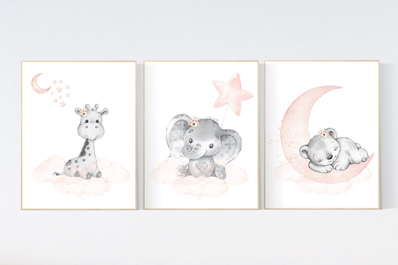 Nursery decor girl animals, blush grey, Animal nursery, nursery decor girl woodland animals, bear, elephant, giraffe, girl nursery ideas