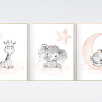 Nursery decor girl animals, blush grey, Animal nursery, nursery decor girl woodland animals, bear, elephant, giraffe, girl nursery ideas