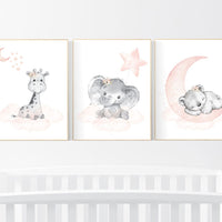 Nursery decor girl animals, blush grey, Animal nursery, nursery decor girl woodland animals, bear, elephant, giraffe, girl nursery ideas