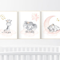 Nursery decor girl animals, blush gold, Animal nursery, nursery decor girl woodland animals, bear, elephant, giraffe, girl nursery ideas