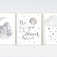 Nursery wall art grey, gray nursery, nursery decor neutral, elephant nursery, baby room decor gender neutral, moon and stars, nursery ideas