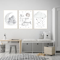 Nursery wall art grey, gray nursery, nursery decor neutral, elephant nursery, baby room decor gender neutral, moon and stars, nursery ideas