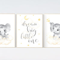Nursery decor neutral, Yellow nursery, nursery wall art elephant, moon, stars, gender neutral, yellow and gray nursery art, baby room art