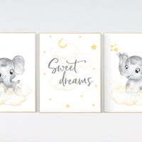 Nursery decor girl yellow, gender neutral, yellow nursery, nursery wall art elephant, moon, stars, yellow and gray nursery art, sweet dreams