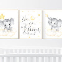 Nursery decor neutral, Yellow nursery, nursery wall art elephant, moon, stars, gender neutral, yellow and gray nursery art, baby room art
