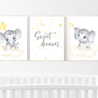 Nursery decor girl yellow, gender neutral, yellow nursery, nursery wall art elephant, moon, stars, yellow and gray nursery art, sweet dreams