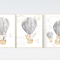 Gray nursery, grey nursery, hot air balloon, Nursery decor neutral, animal nursery, gender neutral, baby room decor, elephant, bunny giraffe