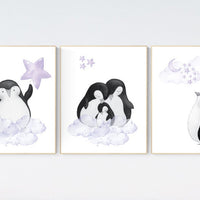 Penguin nursery, cloud and stars, purple nursery art. baby room wall art, nursery wall art penguin, lilac, lavender, nursery wall art
