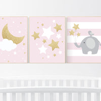 Pink gold nursery, elephant nursery, cloud nursery wall art, pink and gold, baby girl nursery, moon, stars, cloud, girl nursery ideas