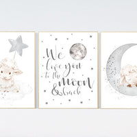 Sheep nursery decor, Gray nursery decor, nursery decor lambs, nursery wall art sheep, moon and cloud wall art nursery gender neutral nursery