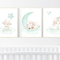 Mint nursery decor, nursery decor lambs, Sheep nursery decor, nursery wall art sheep, gender neutral nursery, cloud and star, mint green