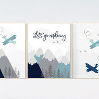 Adventure nursery decor, nursery decor boy adventure, nursery decor boy airplane, let's go exploring, mountain nursery, navy teal