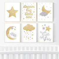 Silver gold nursery art, dream big little one, twinkle twinkle little star, nursery decor, silver and gold, moon nursery, gender neutral