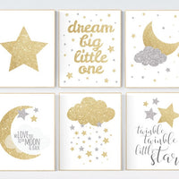 Silver gold nursery art, dream big little one, twinkle twinkle little star, nursery decor, silver and gold, moon nursery, gender neutral