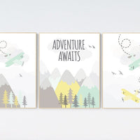 Adventure nursery decor, nursery decor airplane, world map nursery, adventure awaits, yellow mint nursery, travel theme, gender neutral