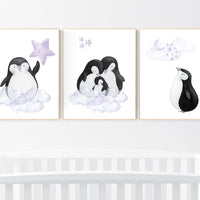 Penguin nursery, cloud and stars, purple nursery art. baby room wall art, nursery wall art penguin, lilac, lavender, nursery wall art