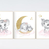 Girl nursery decor, pink elephant nursery prints,  nursery wall art girl, baby girl elephant nursery decor, pink and gold nursery art