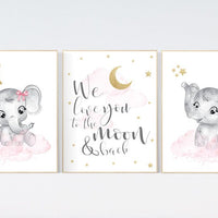 Nursery decor girl, elephant nursery print, pink and gold, Nursery wall art girl, we love you to the moon and back, nursery decor girl