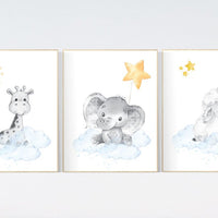 Nursery prints animals, nursery decor animals, gender neutral nursery ideas, yellow blue, elephant and giraffe, sheep, lamb, twins, woodland