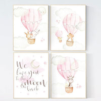 Baby girl nursery, we love you to the moon and back, woodland nursery, hot air balloon, animal, baby room decor girl, giraffe , bear, bunny