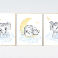 Nursery decor gender neutral, nursery wall art elephant, elephant nursery, blue and yellow, moon, cloud, stars, baby room decor, neutral