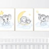 Nursery decor gender neutral, nursery wall art elephant, elephant nursery, blue and yellow, moon, cloud, stars, baby room decor, neutral