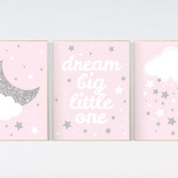 Pink silver nursery decor, nursery wall art girl, pink and silver nursery art, cloud and stars, baby room prints, baby room art girl