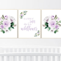 Purple flower nursery decor, Nursery decor girl purple, in a field of roses she is a wildflower, lavender nursery, lilac nursery, girls room