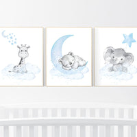 Nursery decor elephant and giraffe, animal nursery prints, baby blue nursery, blue nursery, baby room wall art, woodland animal prints