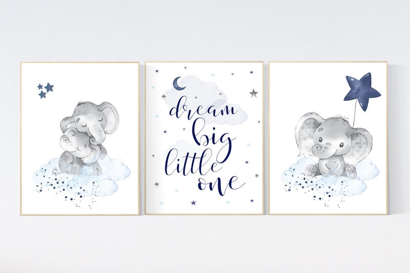 Navy nursery decor, moon and stars, navy blue nursery art. baby room wall art, boy nursery decor, set of 3, nursery prints boy, elephant art