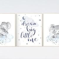 Navy nursery decor, moon and stars, navy blue nursery art. baby room wall art, boy nursery decor, set of 3, nursery prints boy, elephant art