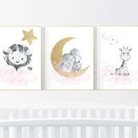 Nursery wall art lion, pink gold nursery decor, elephant, giraffe, animal prints, girl nursery ideas, nursery prints girl, cloud, moon stars